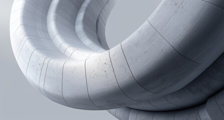 close-up of intertwined large smooth concrete tubes with segmented panels creating a geometric abstract pattern, neutral light and minimalist atmosphere