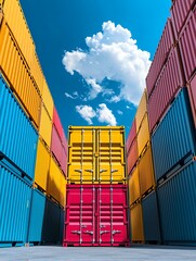 Colorful shipping containers stacked high under a clear blue sky