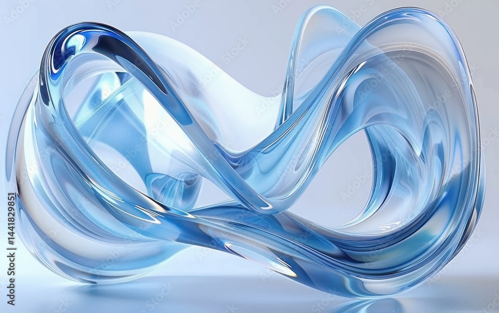 Poster smooth flowing transparent blue glass abstract shape with elegant curves and reflective surfaces con