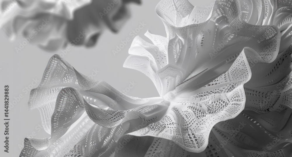 Aufkleber close-up of intricate white ruffled fabric with delicate lace patterns and soft flowing folds creati