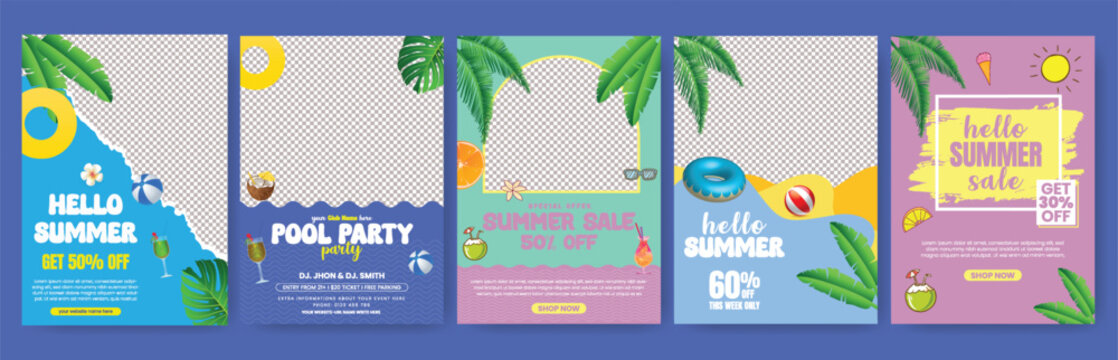 set of Editable print flyer or poster for summer sale, tropical summer beach pool party a4 size vertical poster design with tropical summer vector background bundle, summer Holiday tour poster pack  