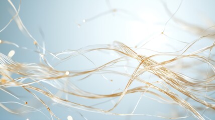 Fototapeta premium Abstract Golden Threads on Light Blue Gradient Background abstract threads gold golden wire gradient