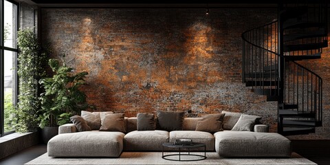 Stylish living room with a spiral staircase.