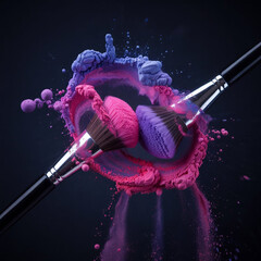 Dynamic Collision of Makeup Brushes with Pink Powder Explosion on Black Background