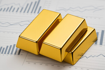 Golden Wealth and Financial Growth: Gleaming gold bars rest atop financial charts, symbolizing investment, savings, and wealth management within a world of prosperity.