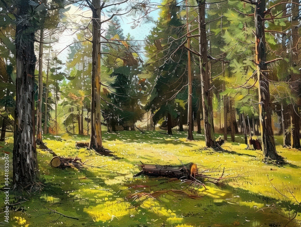 Poster sunlit forest clearing with tall trees casting shadows on green grass and scattered branches and log