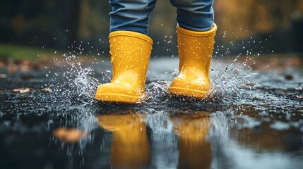 A child in yellow rubber boots splashes in puddles on a rainy day