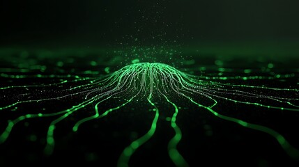 Green Abstract Wave Patterns with Sparkles Over Dark Background