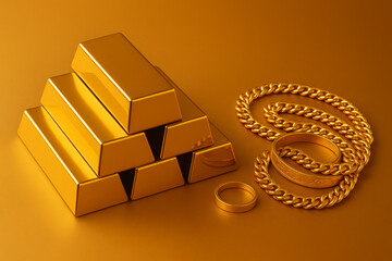 Golden Investment: A gleaming display of wealth featuring meticulously arranged gold bars, intricately designed jewelry, and a solitaire ring, symbolizing prosperity and financial security.