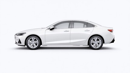 Fototapeta premium A sleek white sedan parked on a clean white background, showcasing modern automotive design with elegant curves and stylish alloy wheels, and side view perspective.