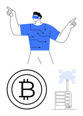 Man in VR headset with tech design overlay, Bitcoin logo, cloud storage with servers. Ideal for cryptocurrency, blockchain, cloud technology, virtual reality, innovation, future tech fintech