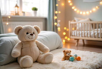 Beige teddy bear sits patiently amidst scattered colorful building blocks and various toys in a messy, yet cheerful, playroom