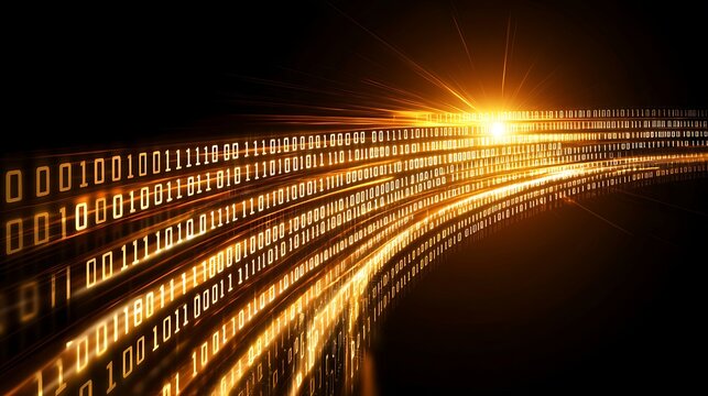 Glowing Binary Streams with Light Trails on Black Background