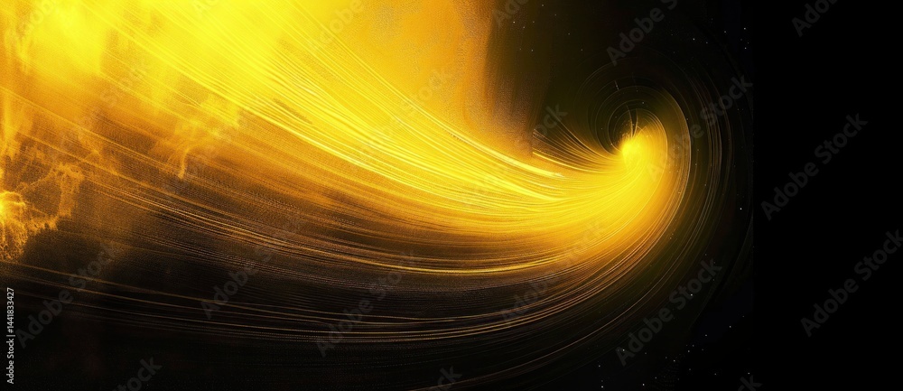 Poster bright golden swirling light vortex against dark space background creating a dynamic, radiant energy