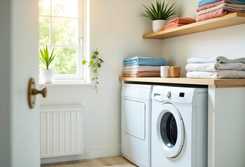 Interior of laundry room with washing machine, basket and shelf unit