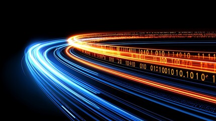 Vibrant Light Trails with Binary Code in Dark Background for Tech Art