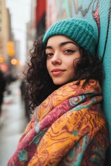 Fototapeta premium Young woman with curly hair smiling in a colorful scarf and beanie, standing against urban mural wall, showcasing modern street style and fashion.