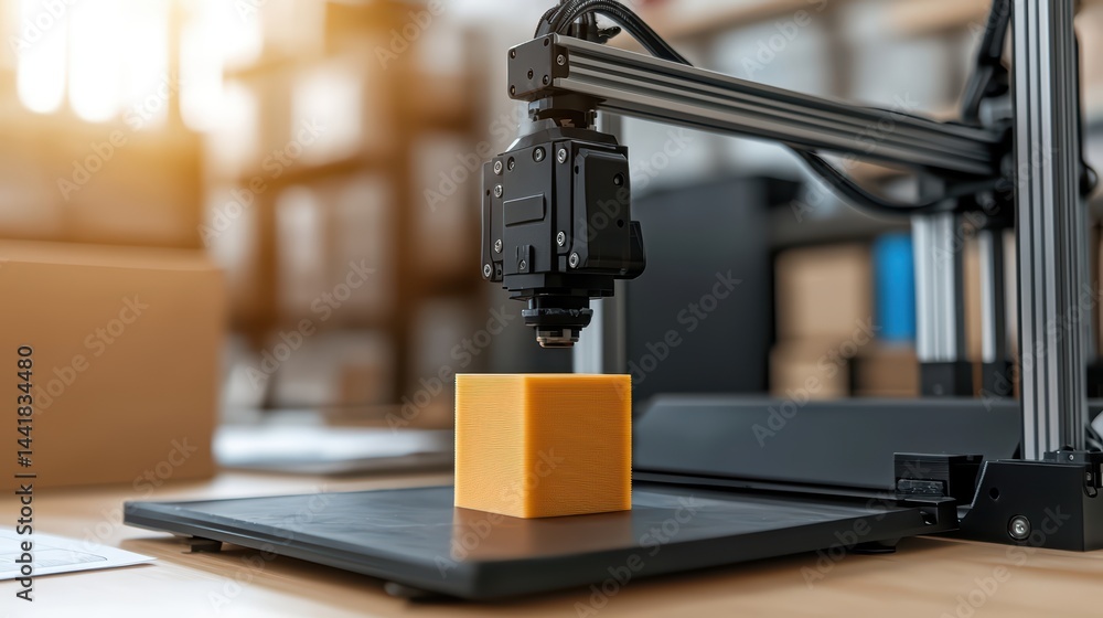 Poster high-tech 3d printer creating yellow cube on workspace table