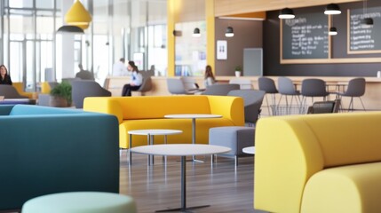 Modern Office Lounge: Vibrant Yellow and Teal Sofas in a Bright Workspace