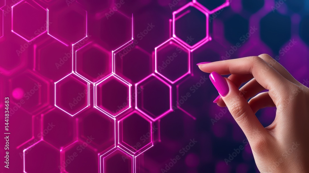 Poster hand touching abstract pink hexagonal pattern in digital environment