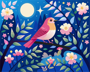 seamless pattern with birds and flowers