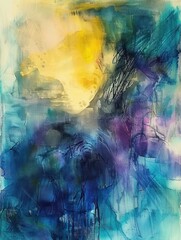 Abstract painting with layered blue, purple, yellow, and teal hues blending with textured brushstrokes and dynamic black scribble lines conveying depth and energetic emotion