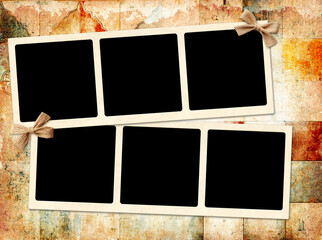 Nostalgic scrapbooking background with moodboard pictures album grid for scrapbooking. Retro frame photos and linen bows on paper texture with ceramic tile pattern. Vintage style mood board layout