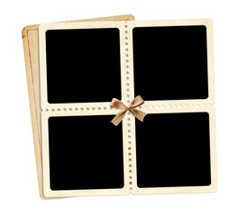 Template four retro frame photos, old card, linen bow. Moodboard pictures album grid for scrapbooking. Vintage style mood board layout. Isolated on white background. Copy space for your text and photo