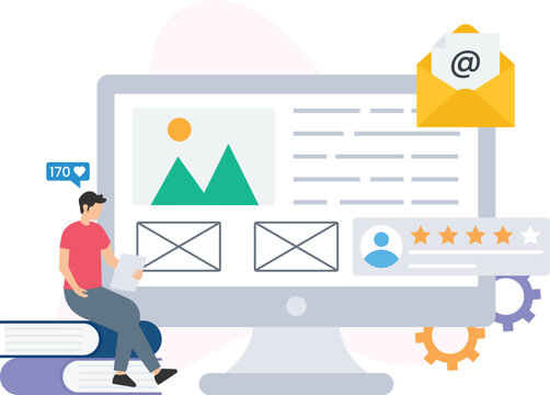 Website designer sitting on books and working with his tablet, developing user interface with customer feedback and email marketing strategy, receiving 170 likes

