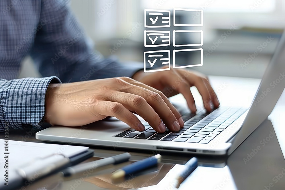 Poster person typing on laptop keyboard at desk with pens and notebooks nearby and checklist icons floating