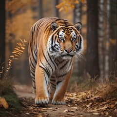 Fototapeta premium Potrait of huge Tiger walking in the forest at fall season AI Generated Image