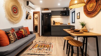 Stylish, modern studio apartment featuring bohemian decor.