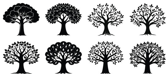 Collection of beautiful tree silhouettes set against white background vector illustration
