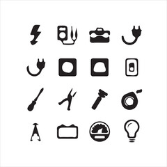 Simple Black and White Electrical and Construction Tools Icons Set
