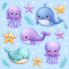 Adorable Cartoon Sea Creatures Whales, Jellyfish, and Starfish on Pastel Blue