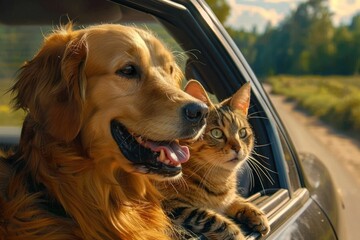 golden retriever dog and tabby cat looking out of car window on a sunny day with rural road and greenery in the background showing a calm and curious mood