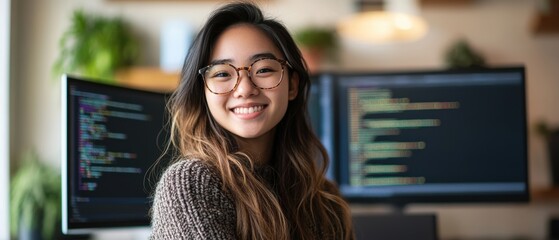 Young woman smiling at computer desk with programming code on screens in modern office, showcasing remote work, technology, and workspace culture.
