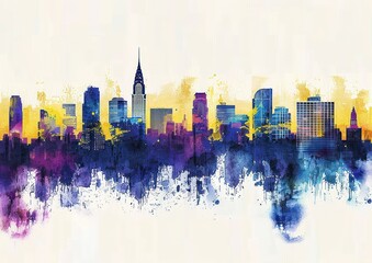 Obraz premium Colorful abstract city skyline with modern skyscrapers blending into vibrant splashes of yellow, purple, and blue evoking energetic urban life and artistic creativity
