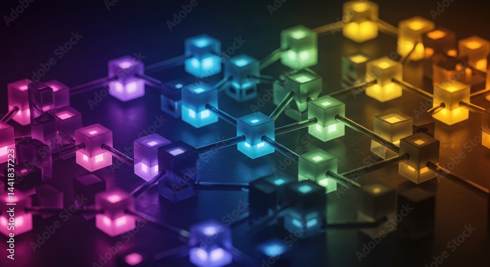 Aufkleber illuminated network: abstract interconnected cubes glowing with vibrant rainbow hues in a dark setti