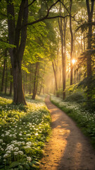Fototapeta premium A tranquil forest path bathed in golden sunlight. inviting nature lovers for a peaceful stroll through lush greenery.