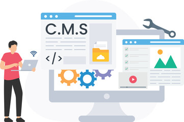 Website development process using a cms platform. With a web developer working on a laptop and different content elements displayed on a computer screen. Including text. Images. Videos. And settings

