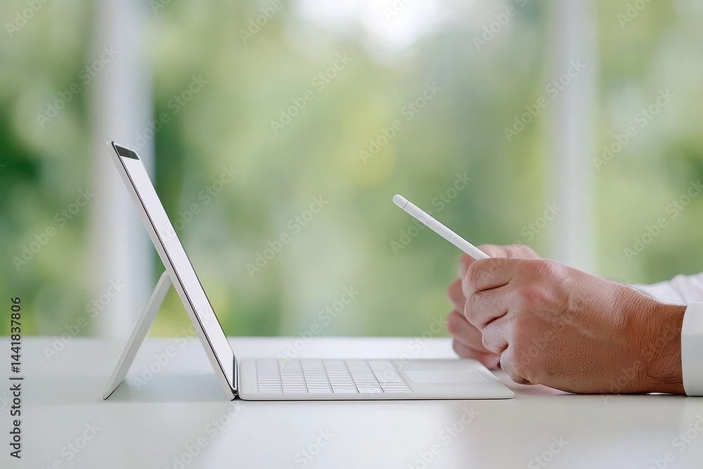 Poster hands using stylus on tablet with keyboard in natural light