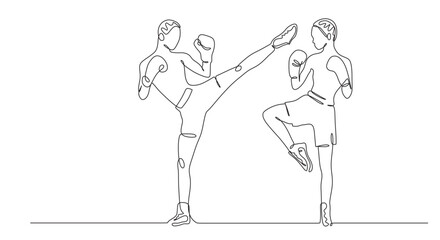 continuous single line art of kick boxing match. Vectors illustration