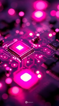 Glowing pink circuit board close-up