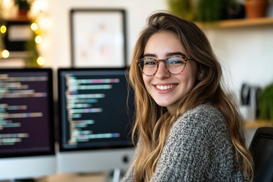 Young woman programmer smiling and working on computer at modern office desk with coding on screen, tech startup atmosphere, creativity and innovation.