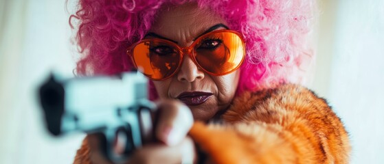 Older woman with pink curly hair wearing stylish sunglasses and fur coat, holding a toy gun, portraying a bold and confident attitude in vibrant urban setting.