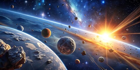 Space scene with a sun in the background and a bunch of planets and rocks