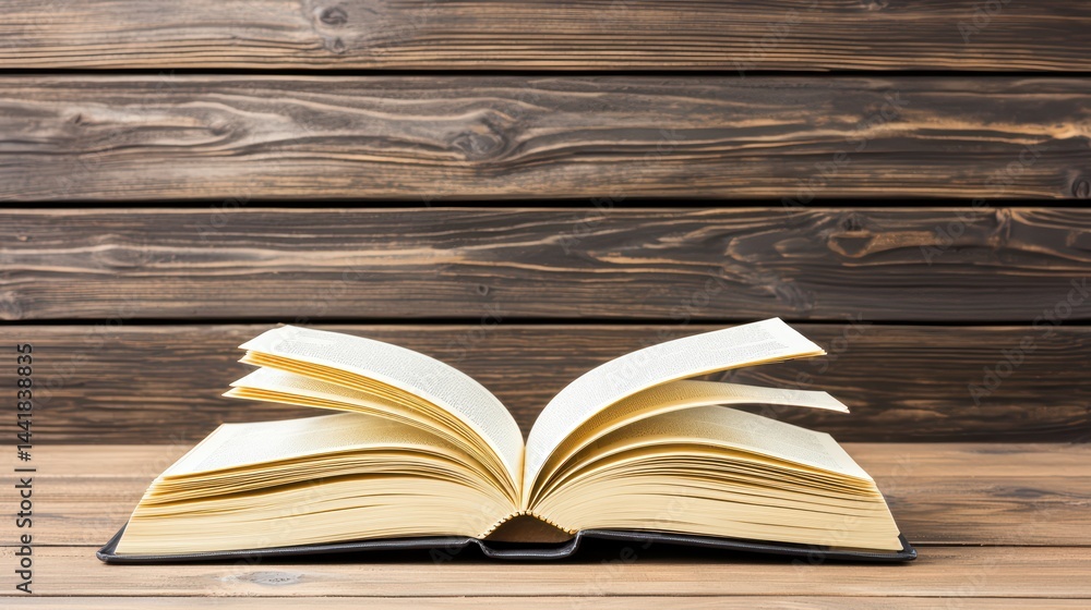 Poster open book on wooden table with rustic background and textured pages