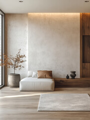 Modern minimalist interior design featuring natural elements in a spacious living area