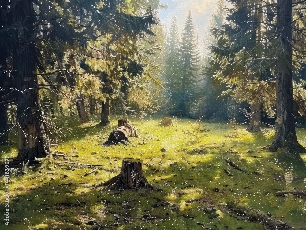 Poster sunlit forest clearing with tree stumps surrounded by tall evergreen trees and scattered branches un